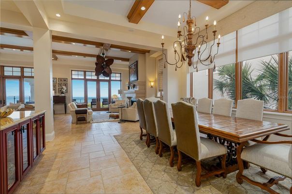Chandelier, Dining room, Fireplace, Interior, Living room, Recessed Lighting, Wooden Beams