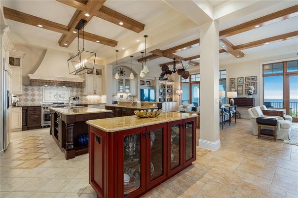 Interior, Kitchen, Living room, Pendant Lights, Recessed Lighting, Stainless Steel Appliances, Water, Wooden Beams