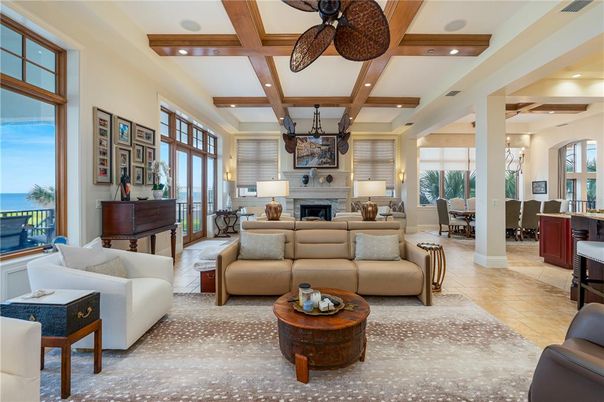 Dining room, Fireplace, Interior, Living room, Recessed Lighting, Water, Wooden Beams