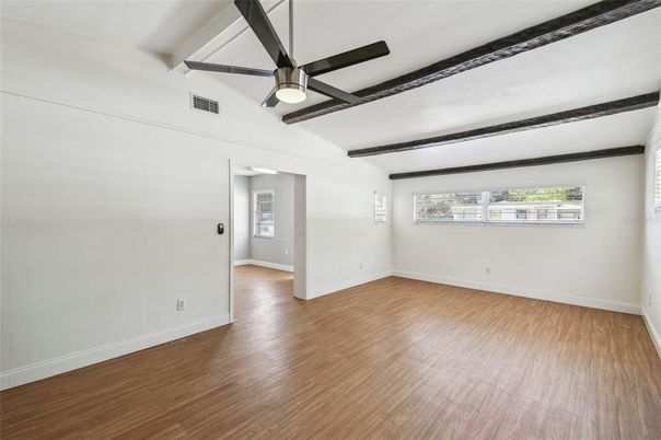 Empty room, Interior, Pendant Lights, Wooden Beams, Wood Texture Flooring