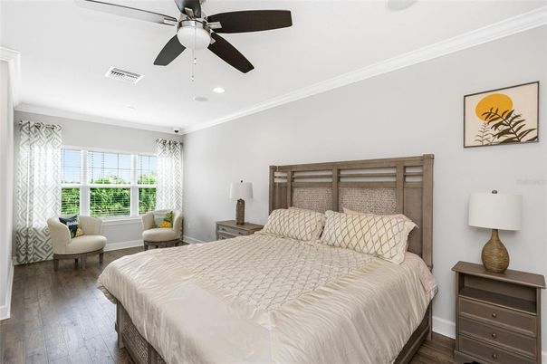 Bedroom, Interior, Recessed Lighting, Wood Texture Flooring