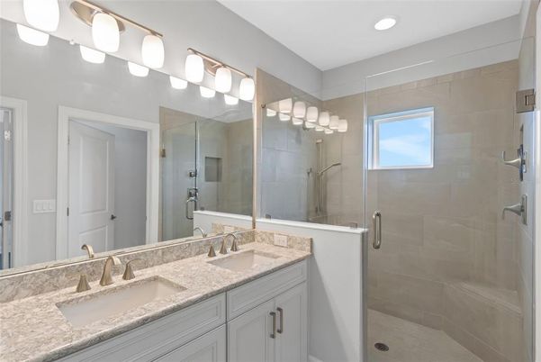 Bathroom, Dual Sink Vanities, Glass Shower, Interior, Recessed Lighting