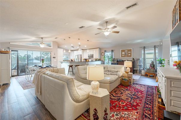 Dining room, Interior, Kitchen, Living room, Pendant Lights, Recessed Lighting, Wood Texture Flooring