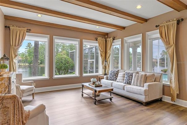 Interior, Living room, Recessed Lighting, Water, Wooden Beams, Wood Texture Flooring