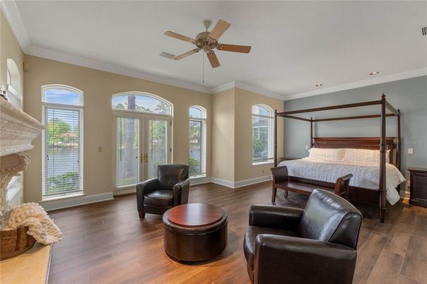 Bedroom, Fireplace, Interior, Recessed Lighting, Wood Texture Flooring