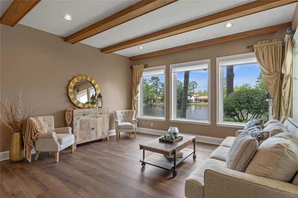 Interior, Living room, Recessed Lighting, Water, Wooden Beams, Wood Texture Flooring