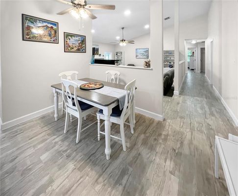 Dining room, Interior, Recessed Lighting, Wood Texture Flooring