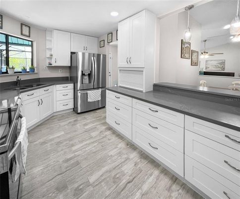 Interior, Kitchen, Pendant Lights, Recessed Lighting, Stainless Steel Appliances, Wood Texture Flooring