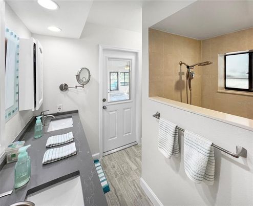 Bathroom, Interior, Recessed Lighting, Wood Texture Flooring