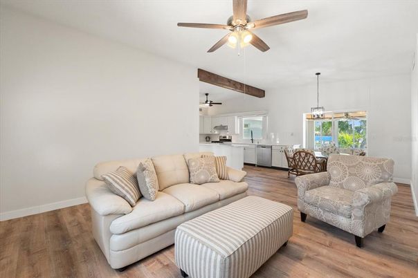 Dining room, Interior, Kitchen, Living room, Pendant Lights, Stainless Steel Appliances, Wood Texture Flooring