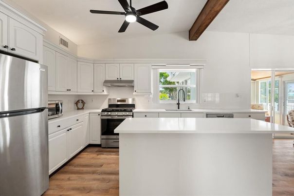 Interior, Kitchen, Stainless Steel Appliances, Wooden Beams, Wood Texture Flooring