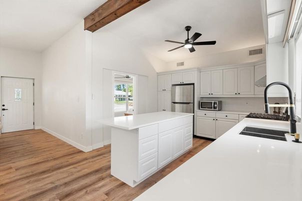 Interior, Kitchen, Stainless Steel Appliances, Wooden Beams, Wood Texture Flooring
