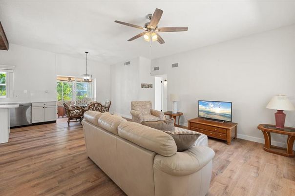 Dining room, Interior, Kitchen, Living room, Pendant Lights, Wood Texture Flooring