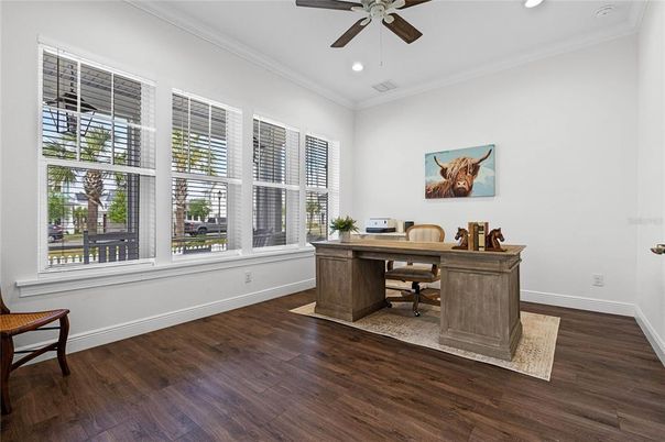 Home Office, Interior, Recessed Lighting, Wood Texture Flooring