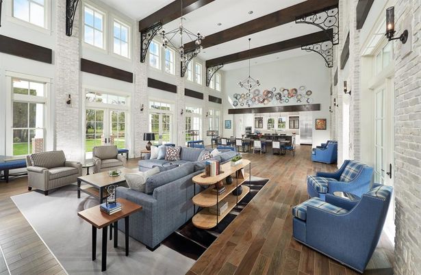 Fireplace, Interior, Living room, Pendant Lights, Stone Walls, Wooden Beams, Wood Texture Flooring