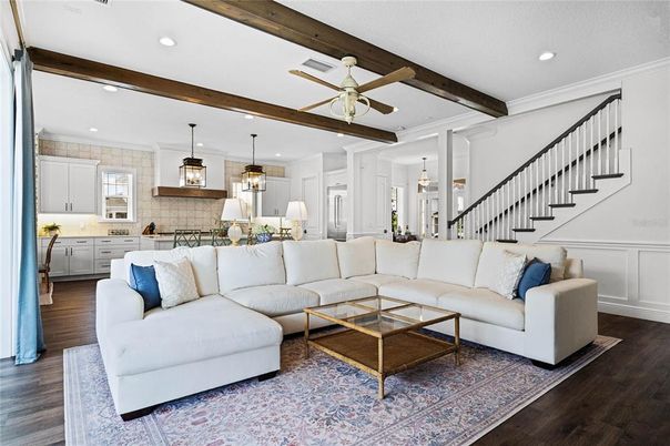 Dining room, Interior, Kitchen, Living room, Pendant Lights, Recessed Lighting, Wooden Beams, Wood Texture Flooring