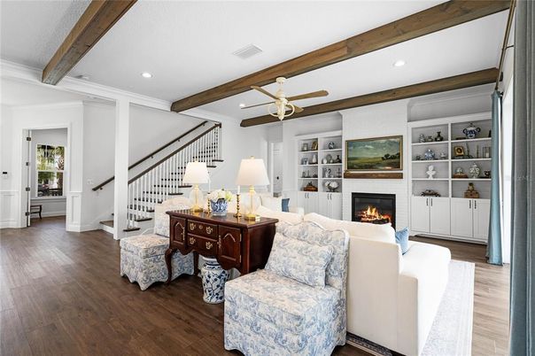 Fireplace, Interior, Living room, Recessed Lighting, Wooden Beams, Wood Texture Flooring