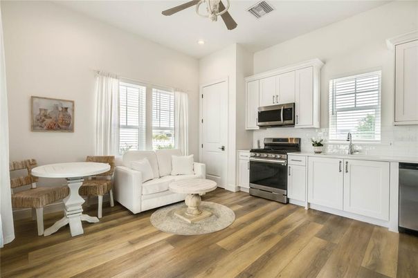 Interior, Kitchen, Recessed Lighting, Stainless Steel Appliances, Wood Texture Flooring