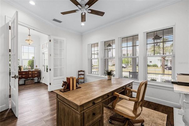 Chandelier, Home Office, Interior, Recessed Lighting, Wood Texture Flooring