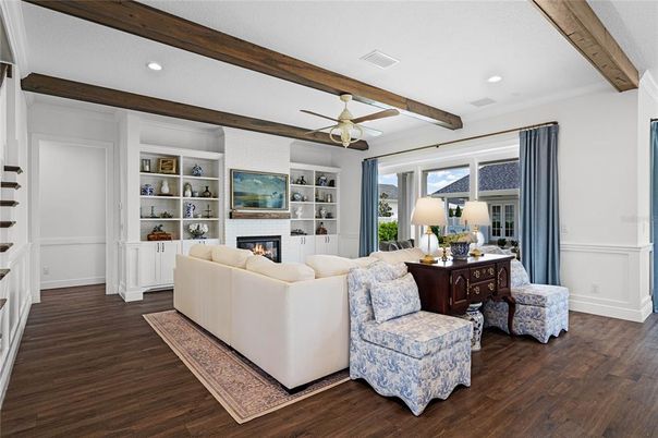 Fireplace, Interior, Living room, Recessed Lighting, Wooden Beams, Wood Texture Flooring