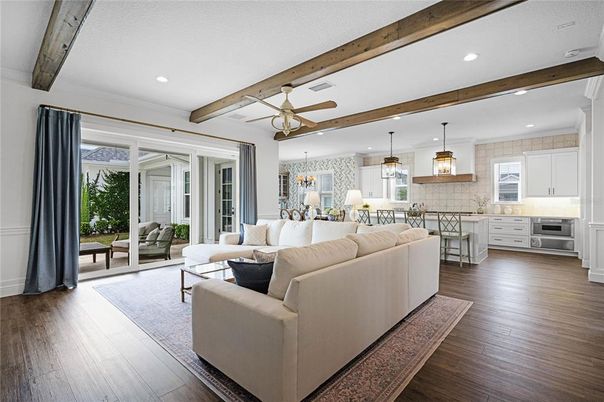 Dining room, Interior, Kitchen, Living room, Pendant Lights, Recessed Lighting, Wooden Beams, Wood Texture Flooring