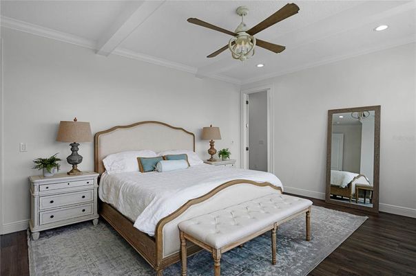 Bedroom, Interior, Recessed Lighting, Wood Texture Flooring
