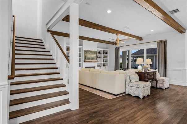 Interior, Living room, Recessed Lighting, Wooden Beams, Wood Texture Flooring