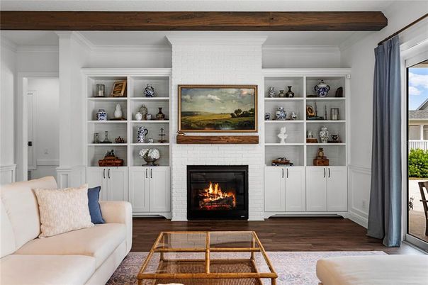 Fireplace, Interior, Living room, Stone Walls, Wooden Beams, Wood Texture Flooring