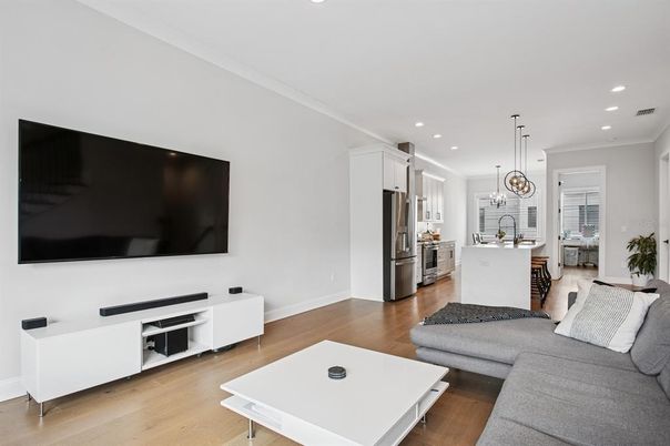 Dining room, Interior, Kitchen, Living room, Pendant Lights, Recessed Lighting, Stainless Steel Appliances, Wood Texture Flooring