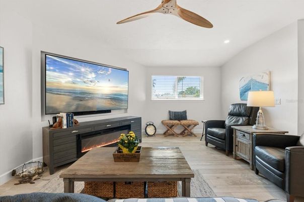 Fireplace, Interior, Living room, Recessed Lighting, Wood Texture Flooring