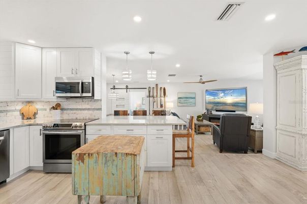Interior, Kitchen, Living room, Pendant Lights, Recessed Lighting, Stainless Steel Appliances, Wood Texture Flooring