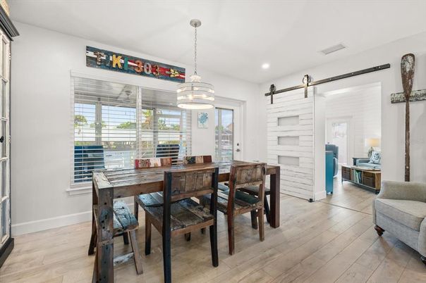 Dining room, Interior, Pendant Lights, Recessed Lighting, Wood Texture Flooring
