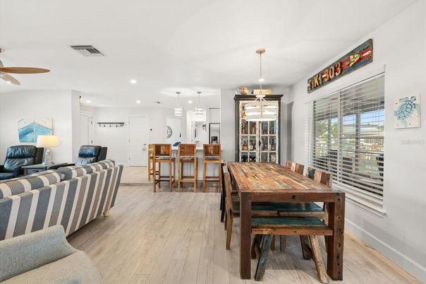 Dining room, Interior, Kitchen, Living room, Pendant Lights, Recessed Lighting, Wood Texture Flooring