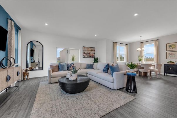 Chandelier, Dining room, Interior, Living room, Recessed Lighting, Wood Texture Flooring
