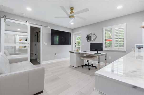 Home Office, Interior, Recessed Lighting, Wood Texture Flooring