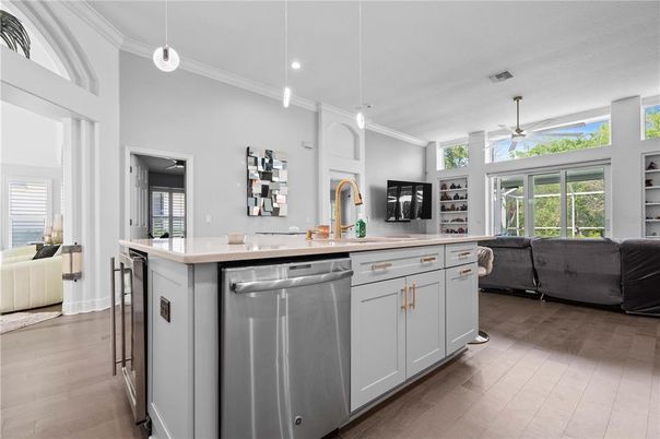 Interior, Kitchen, Living room, Pendant Lights, Recessed Lighting, Stainless Steel Appliances, Wood Texture Flooring
