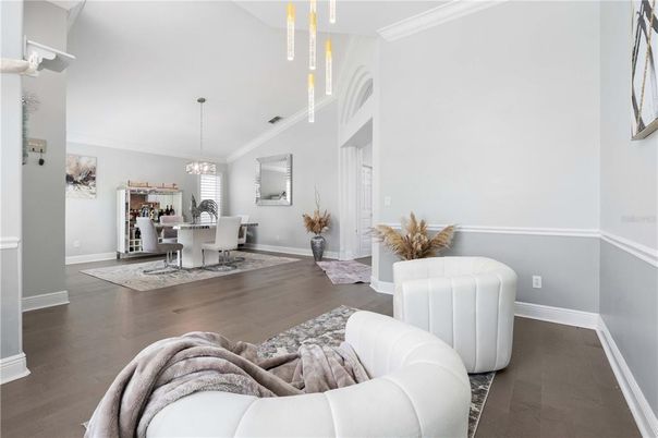 Dining room, Interior, Living room, Pendant Lights, Wood Texture Flooring