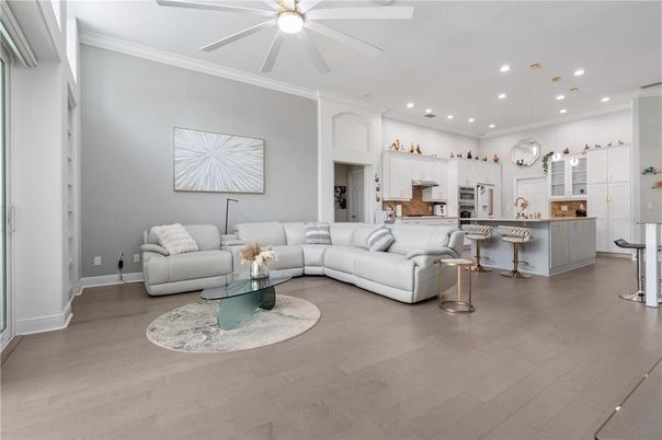 Interior, Kitchen, Living room, Pendant Lights, Recessed Lighting, Wood Texture Flooring