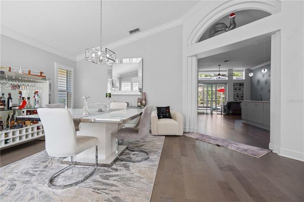 Dining room, Interior, Pendant Lights, Wood Texture Flooring