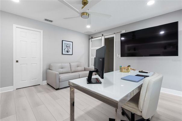 Home Office, Interior, Living room, Recessed Lighting, Wood Texture Flooring