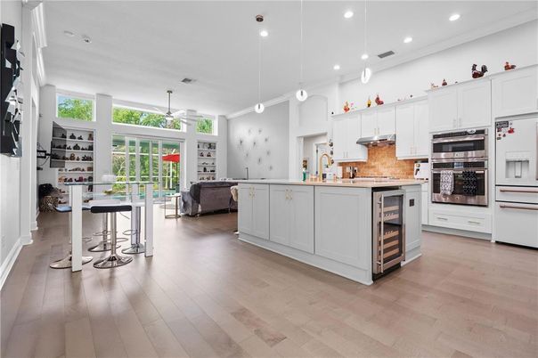 Interior, Kitchen, Living room, Pendant Lights, Recessed Lighting, Wood Texture Flooring