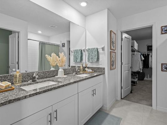 Bathroom, Dual Sink Vanities, Interior, Recessed Lighting, Walk-in Closets