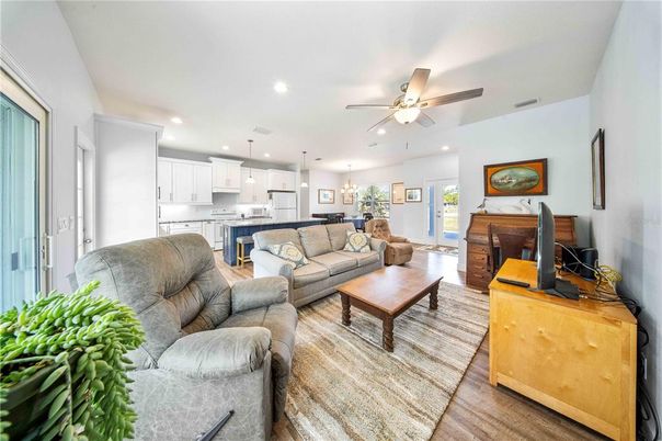 Interior, Kitchen, Living room, Pendant Lights, Recessed Lighting, Stainless Steel Appliances, Wood Texture Flooring