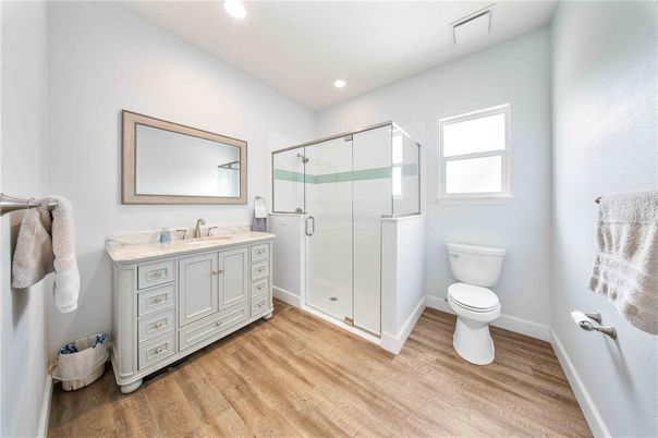Bathroom, Glass Shower, Interior, Recessed Lighting, Wood Texture Flooring