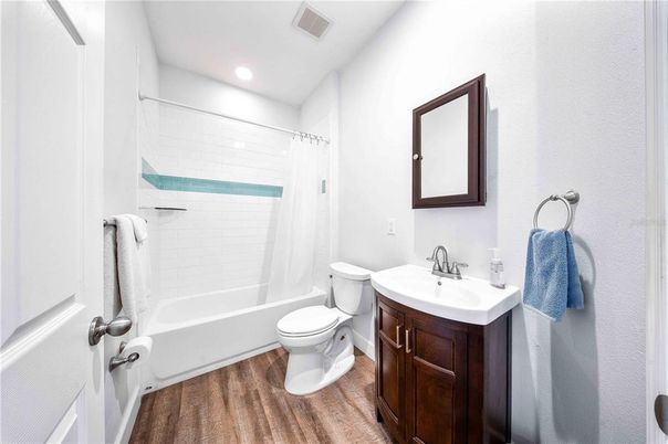 Bathroom, Interior, Recessed Lighting, Wood Texture Flooring