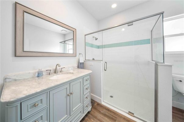 Bathroom, Glass Shower, Interior, Recessed Lighting, Wood Texture Flooring