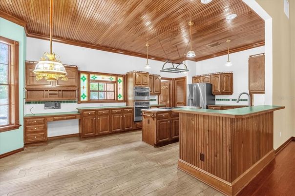 Interior, Kitchen, Pendant Lights, Recessed Lighting, Stainless Steel Appliances, Wooden Ceilings, Wood Texture Flooring