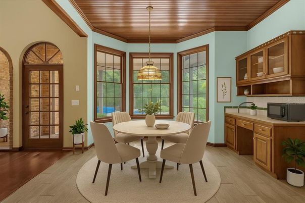 Dining room, Interior, Pendant Lights, Wooden Ceilings, Wood Texture Flooring