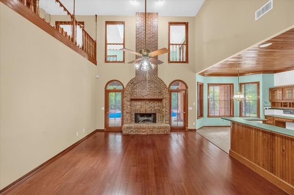 Fireplace, Interior, Pendant Lights, Recessed Lighting, Wooden Ceilings, Wood Texture Flooring