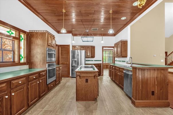 Interior, Kitchen, Pendant Lights, Stainless Steel Appliances, Wooden Ceilings, Wood Texture Flooring